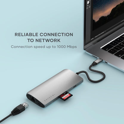 SATECHI 8-in-1 USB-C Hub with Ethernet, HDMI 8K@30Hz, 85W PD Charging, 4x USB-C 10Gbps, Data Transfer and UHS-II SD Card Reader for MacBook Air/Pro/Neo, PC and More – Space Grey V3