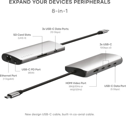 SATECHI 8-in-1 USB-C Hub with Ethernet, HDMI 8K@30Hz, 85W PD Charging, 4x USB-C 10Gbps, Data Transfer and UHS-II SD Card Reader for MacBook Air/Pro/Neo, PC and More – Space Grey V3