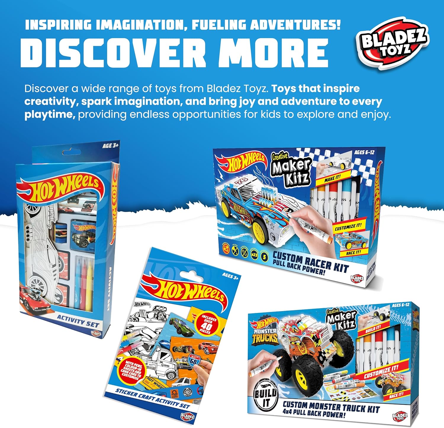 BLADEZ Hot Wheels Toyz Maak je eigen monstertruck - kunstset voor kinderen van 6-12 met markers en stuntramp - Hotwheels Kit om te spelen - Kleursets voor kinderen en STEM-leren - Aanpasbaar en