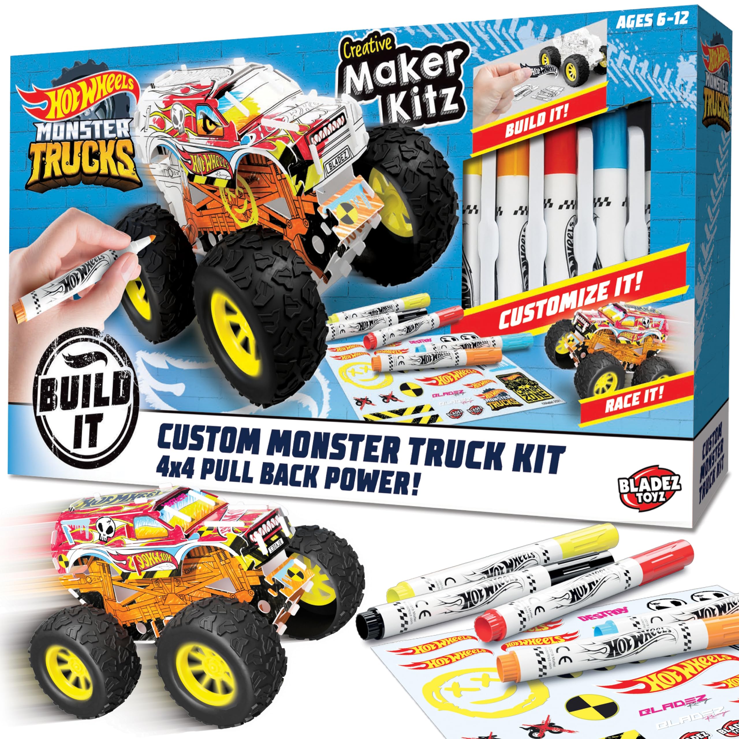 BLADEZ Hot Wheels Toyz Maak je eigen monstertruck - kunstset voor kinderen van 6-12 met markers en stuntramp - Hotwheels Kit om te spelen - Kleursets voor kinderen en STEM-leren - Aanpasbaar en