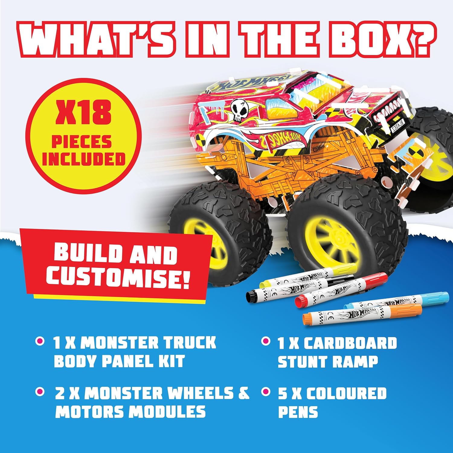 BLADEZ Hot Wheels Toyz Maak je eigen monstertruck - kunstset voor kinderen van 6-12 met markers en stuntramp - Hotwheels Kit om te spelen - Kleursets voor kinderen en STEM-leren - Aanpasbaar en