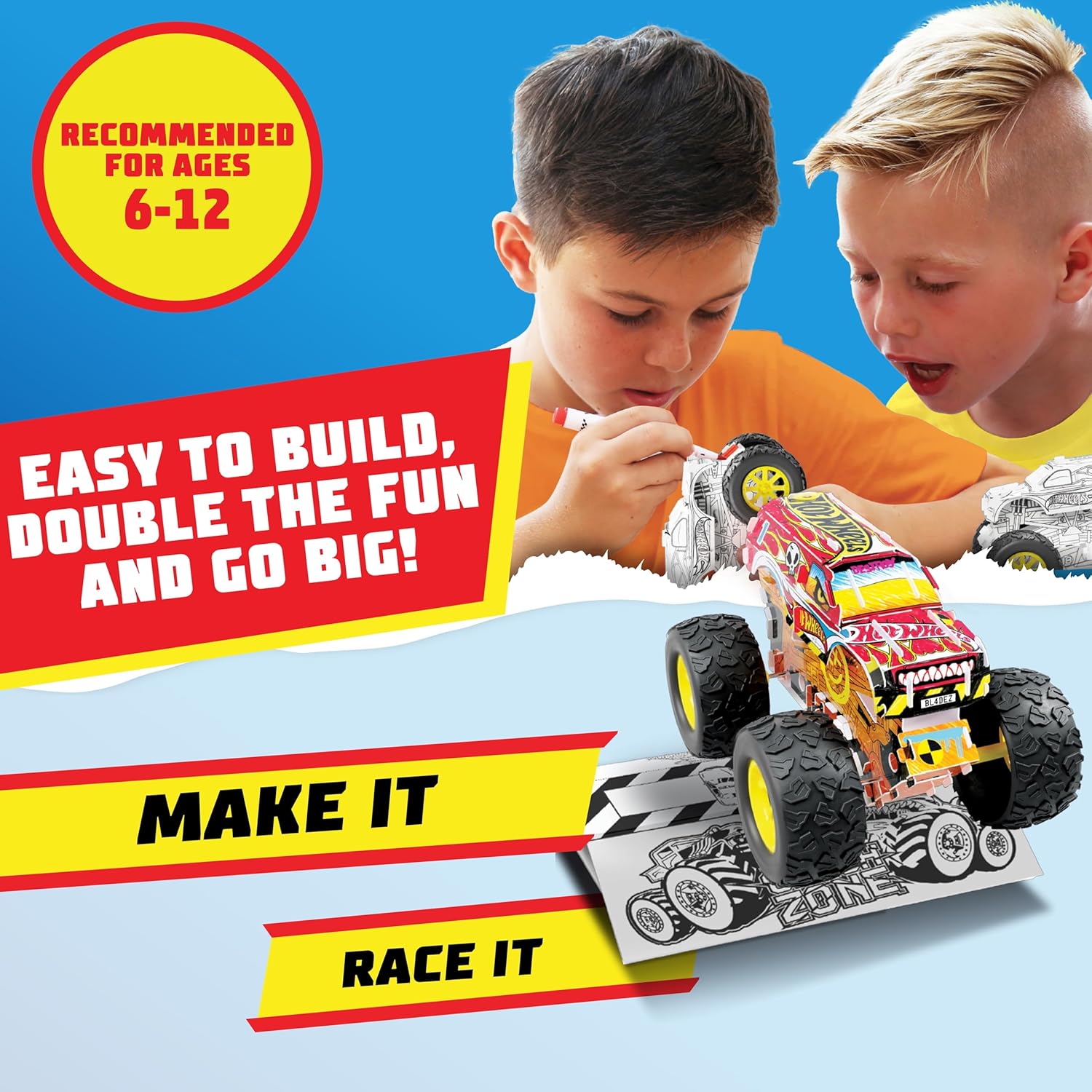 BLADEZ Hot Wheels Toyz Maak je eigen monstertruck - kunstset voor kinderen van 6-12 met markers en stuntramp - Hotwheels Kit om te spelen - Kleursets voor kinderen en STEM-leren - Aanpasbaar en