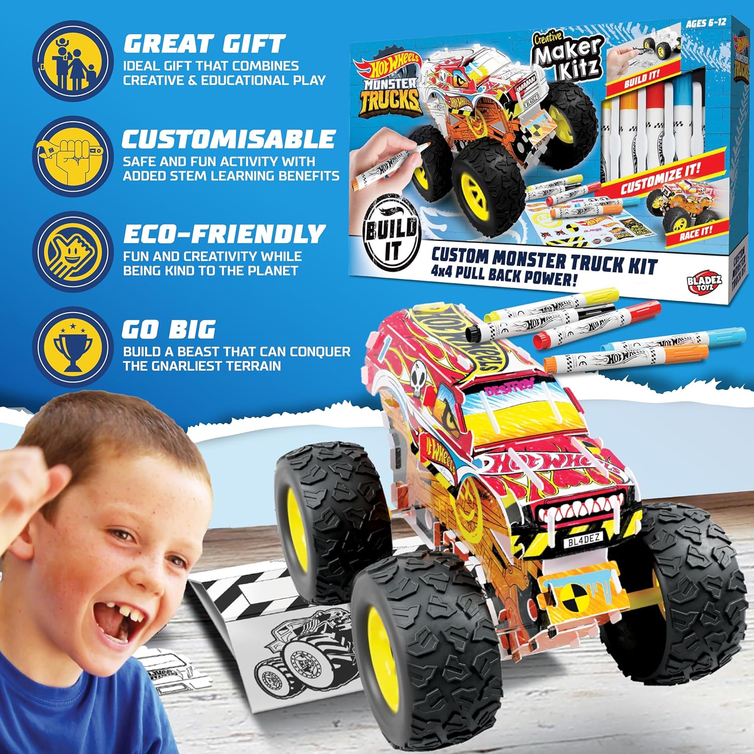 BLADEZ Hot Wheels Toyz Maak je eigen monstertruck - kunstset voor kinderen van 6-12 met markers en stuntramp - Hotwheels Kit om te spelen - Kleursets voor kinderen en STEM-leren - Aanpasbaar en