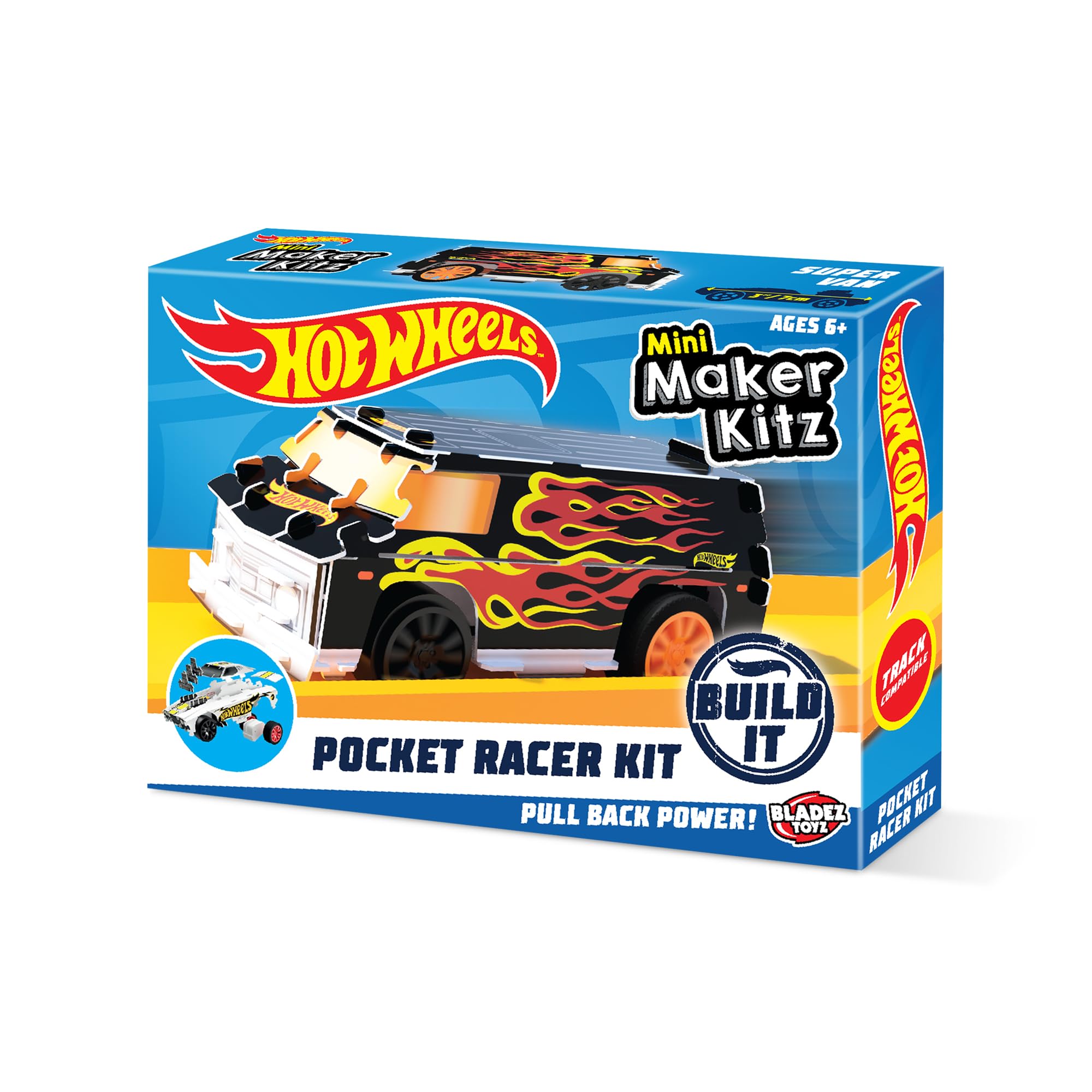 BLADEZ Hot Wheels Toyz Pocket Racer Maker Kitz 1 Pack - Build & Race Mini Cars - Pull-Back Motoren voor Turbo Prestaties & Eenvoudige Snap-Fit Montage - Werkt op Hot Wheels Track - KLEUREN ZULLEN