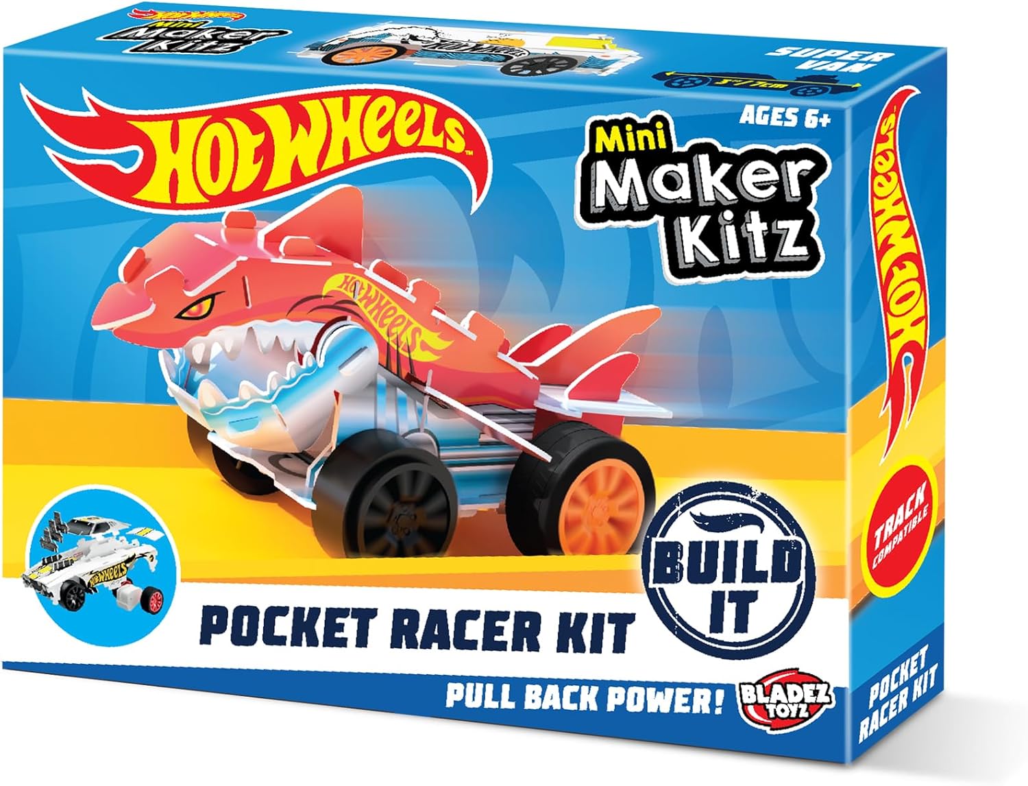 BLADEZ Hot Wheels Toyz Pocket Racer Maker Kitz 1 Pack - Build & Race Mini Cars - Pull-Back Motoren voor Turbo Prestaties & Eenvoudige Snap-Fit Montage - Werkt op Hot Wheels Track - KLEUREN ZULLEN