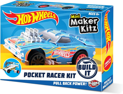 BLADEZ Hot Wheels Toyz Pocket Racer Maker Kitz 1 Pack - Build & Race Mini Cars - Pull-Back Motoren voor Turbo Prestaties & Eenvoudige Snap-Fit Montage - Werkt op Hot Wheels Track - KLEUREN ZULLEN
