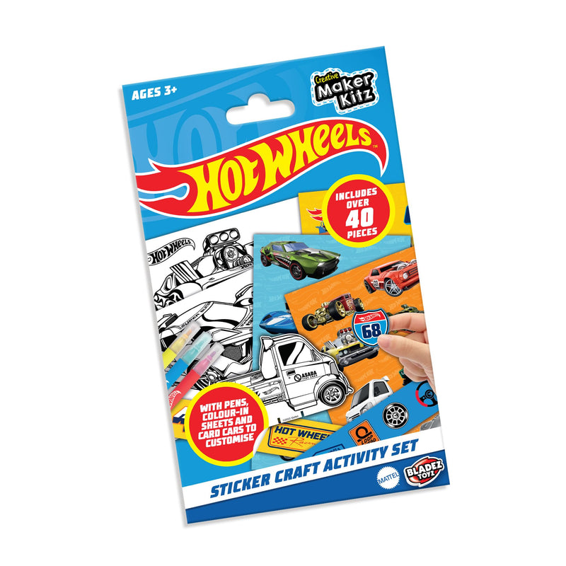 BLADEZ Hot Wheels gelicentieerde sticker ambachtelijke activiteitenset inclusief kaartauto's, stickers, pennen en kleurplaten, voor kinderen kunst en creatief spelen Toyz vanaf 3 jaar