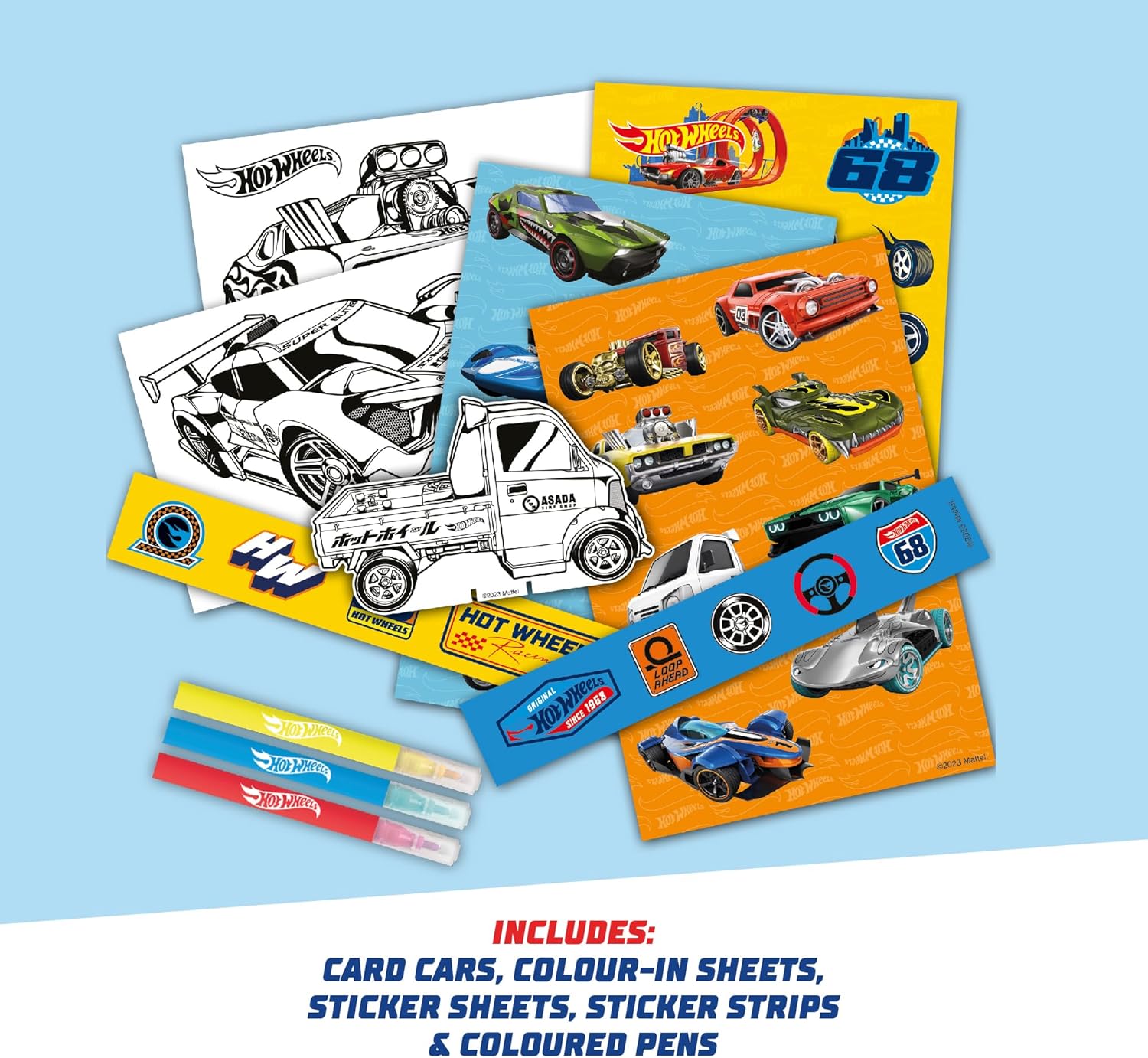 BLADEZ Hot Wheels gelicentieerde sticker ambachtelijke activiteitenset inclusief kaartauto's, stickers, pennen en kleurplaten, voor kinderen kunst en creatief spelen Toyz vanaf 3 jaar