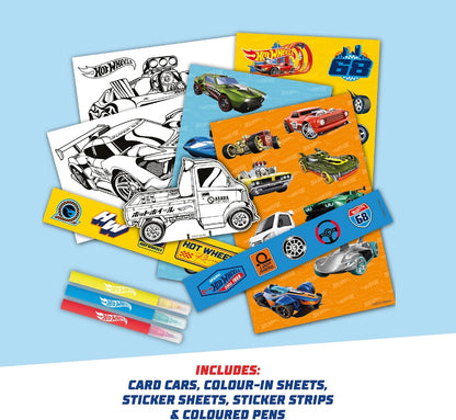 BLADEZ Hot Wheels gelicentieerde sticker ambachtelijke activiteitenset inclusief kaartauto's, stickers, pennen en kleurplaten, voor kinderen kunst en creatief spelen Toyz vanaf 3 jaar