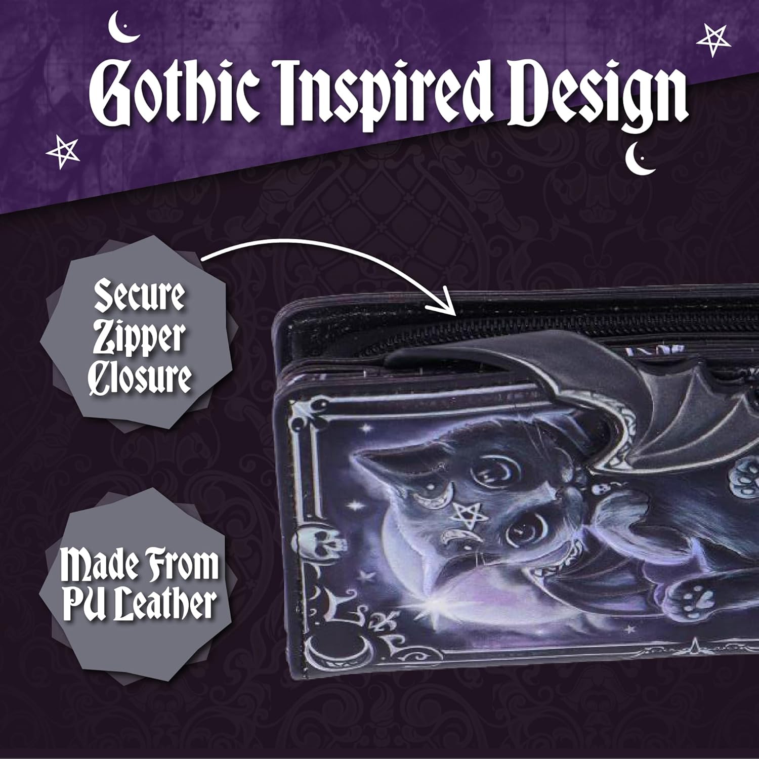 Nemesis Now Moon of Malpuss Embossed Purse - Gothic Cat Wallet Cult Cuties Crescent Moon Vampire Cat Zip Around Faux Leather Alternative Fashion Wallet, for Women & Alternative Style Lovers