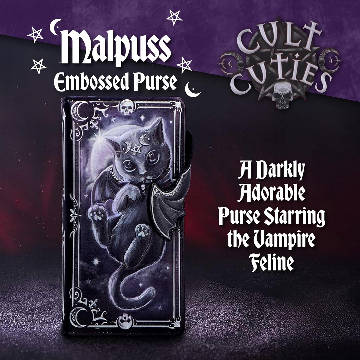 Nemesis Now Moon of Malpuss Embossed Purse - Gothic Cat Wallet Cult Cuties Crescent Moon Vampire Cat Zip Around Faux Leather Alternative Fashion Wallet, for Women & Alternative Style Lovers