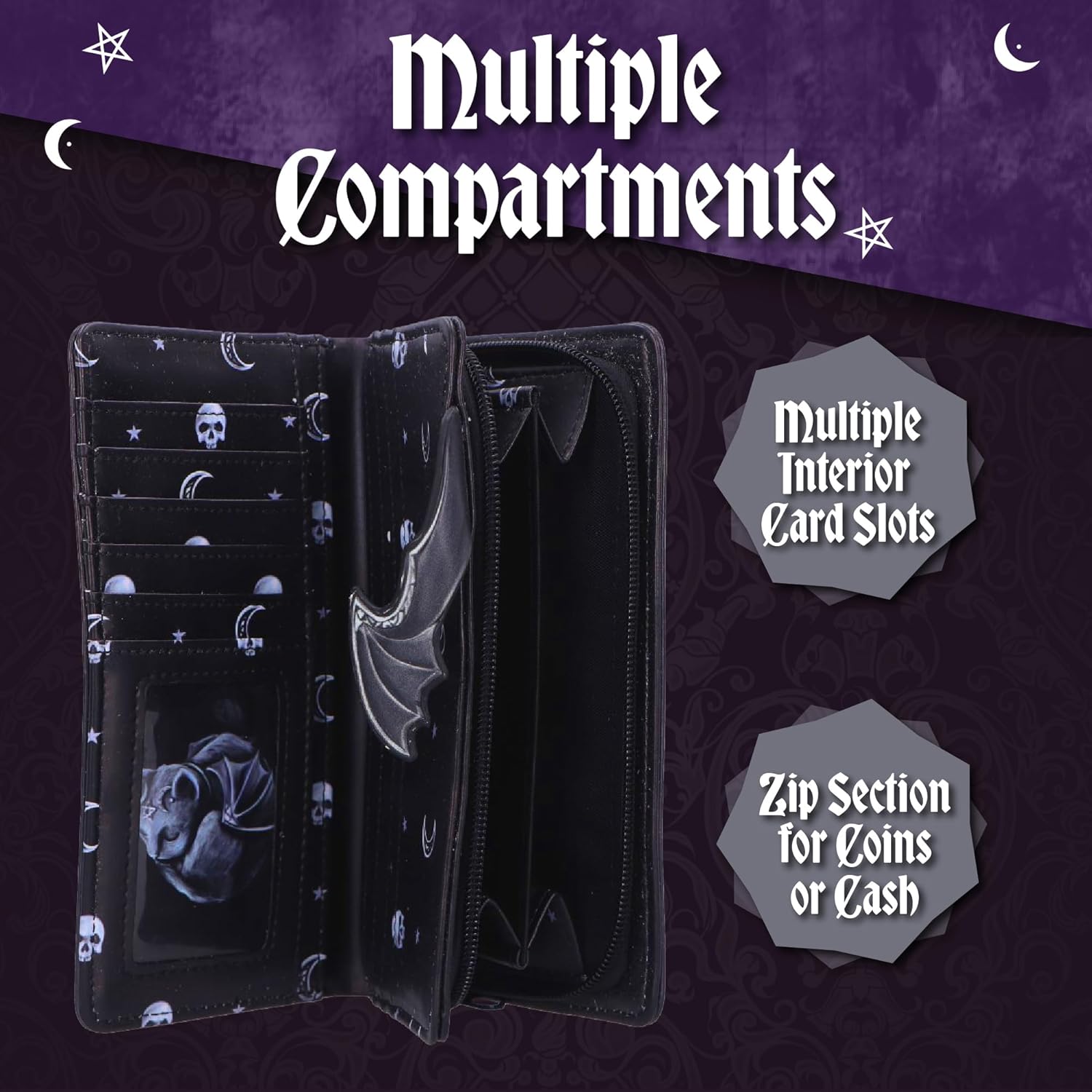 Nemesis Now Moon of Malpuss Embossed Purse - Gothic Cat Wallet Cult Cuties Crescent Moon Vampire Cat Zip Around Faux Leather Alternative Fashion Wallet, for Women & Alternative Style Lovers