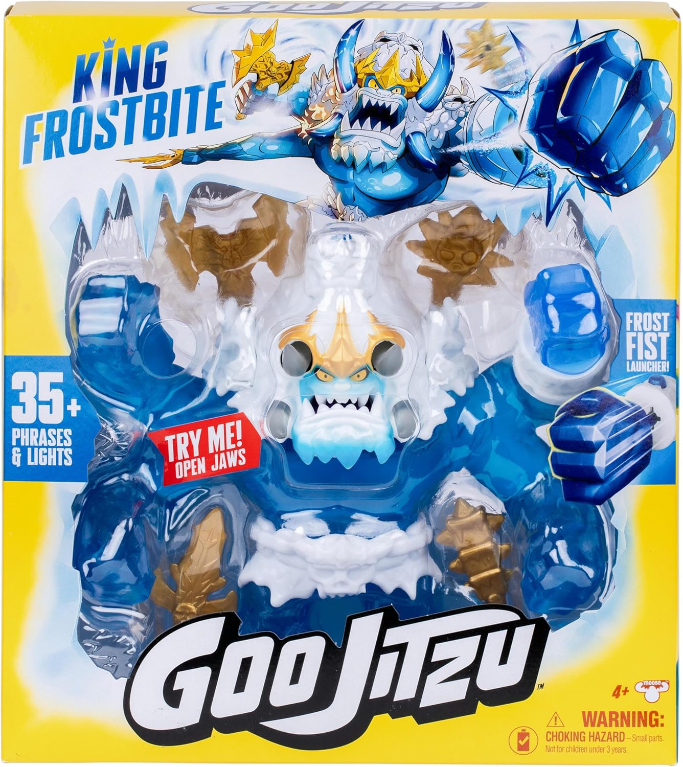 Goo Jitzu King Frostbite 10 inch action figure with 35+ Phrases and Lights, glucose-filled body, light-up horn pop attack, projectile punch fist