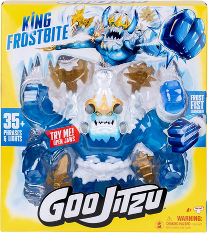 Goo Jitzu King Frostbite 10 inch action figure with 35+ Phrases and Lights, glucose-filled body, light-up horn pop attack, projectile punch fist