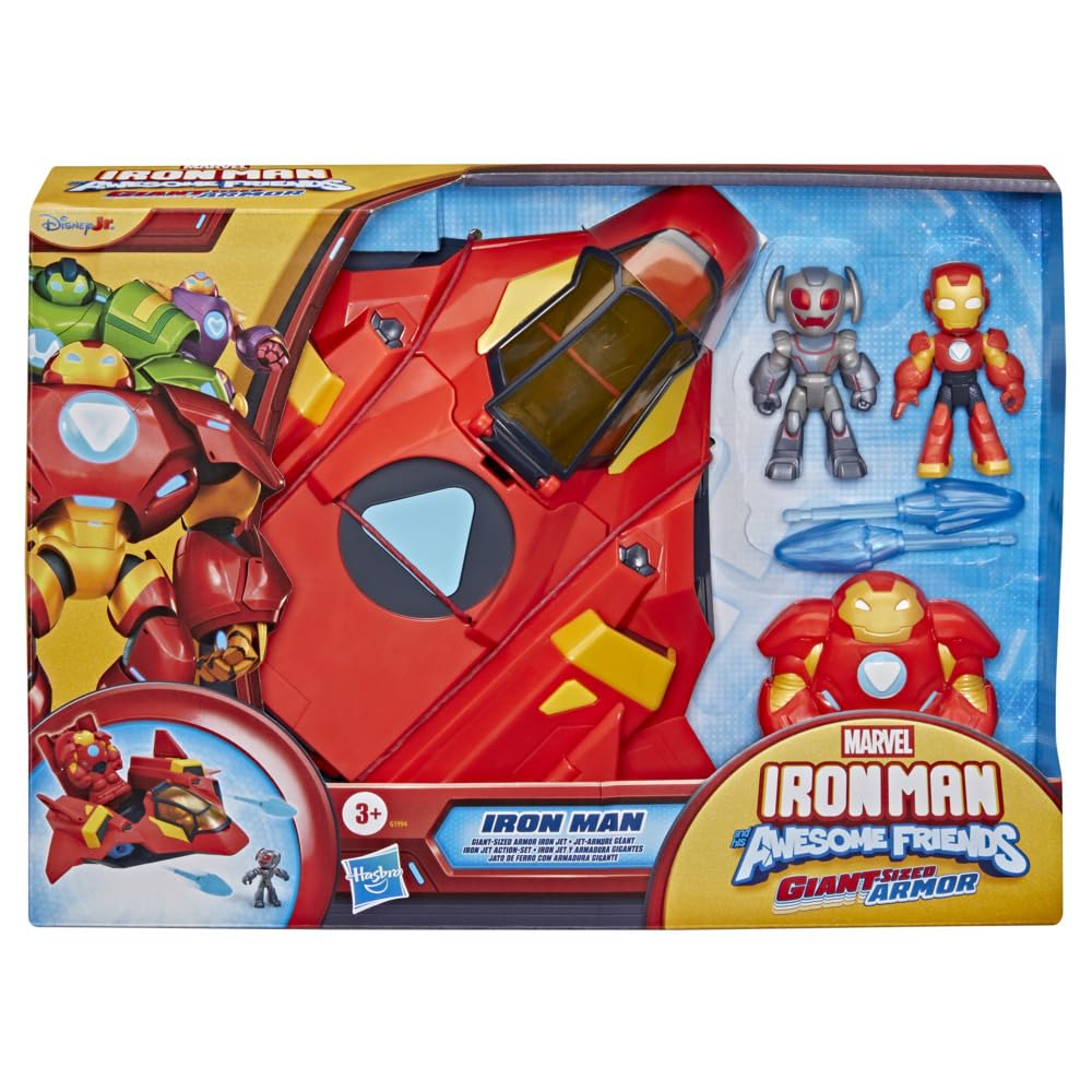 Disney Jr. Serie Marvel's Iron Man und Seine fantastischen Freunde Iron Jet Action-Set, Action-Figuren (7,6 cm) mit Fahrzeug und Battle-Anzug, Superhelden-Spielzeuge, ab 3 Jahren