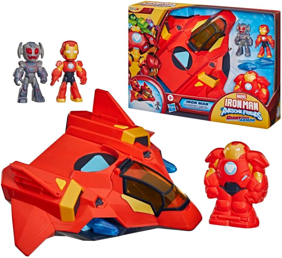 Disney Jr. Serie Marvel's Iron Man und Seine fantastischen Freunde Iron Jet Action-Set, Action-Figuren (7,6 cm) mit Fahrzeug und Battle-Anzug, Superhelden-Spielzeuge, ab 3 Jahren