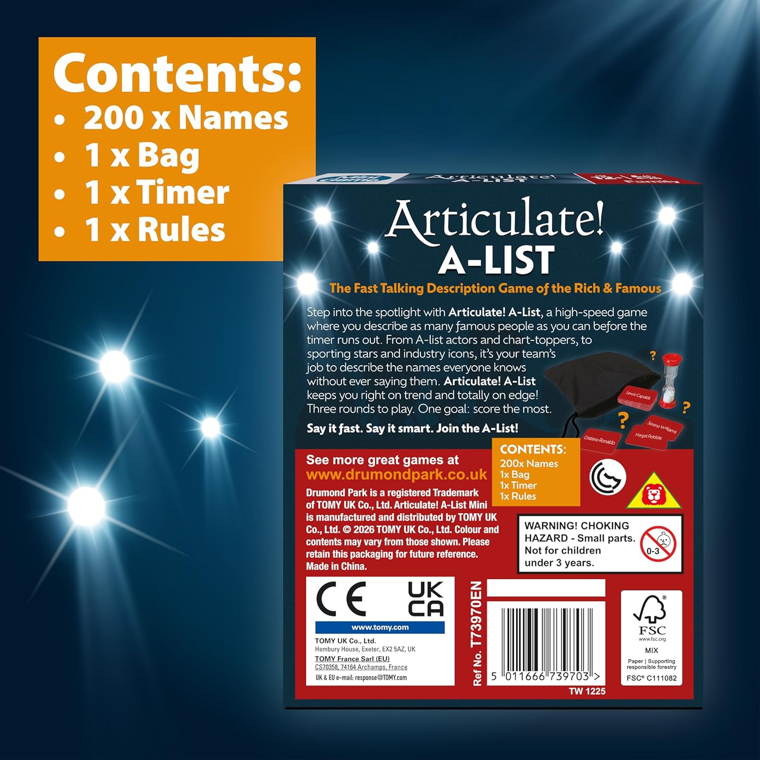 Articulate A-List Mini Game, Fast Talking Celebrity Guessing Game, Travel Size Party Game with Timer, 3 Rounds Word Challenge Board Game for Families Friends Adults and Teens Age 12+