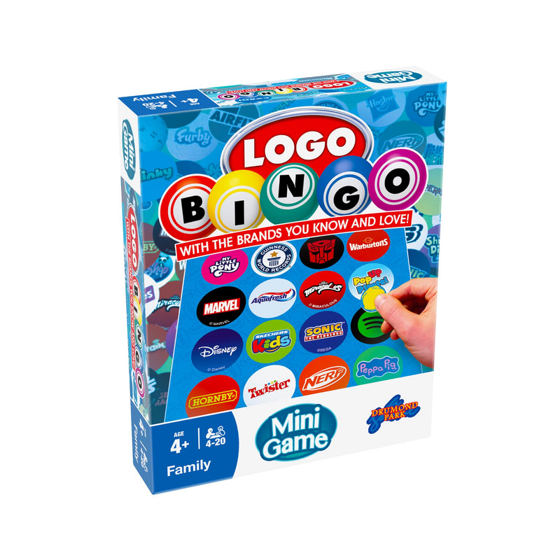 LOGO Bingo Mini Game, Fast Paced Family Bingo Board Game with Iconic Brands and Characters, Travel Size Party Game for Kids and Adults, Easy Fun Group Game for 4 to 20 Players Age 4+