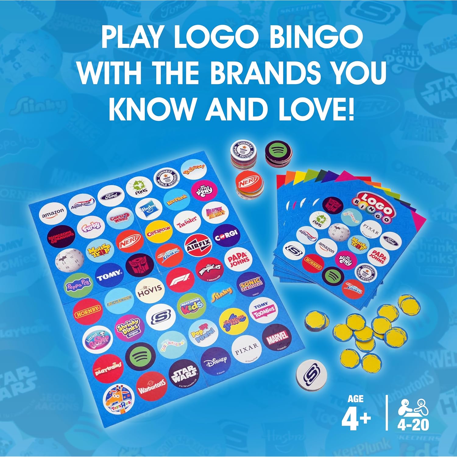 LOGO Bingo Mini Game, Fast Paced Family Bingo Board Game with Iconic Brands and Characters, Travel Size Party Game for Kids and Adults, Easy Fun Group Game for 4 to 20 Players Age 4+
