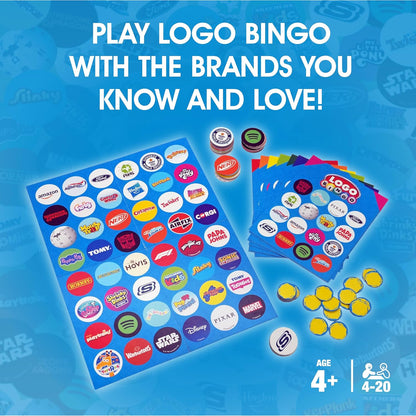 LOGO Bingo Mini Game, Fast Paced Family Bingo Board Game with Iconic Brands and Characters, Travel Size Party Game for Kids and Adults, Easy Fun Group Game for 4 to 20 Players Age 4+
