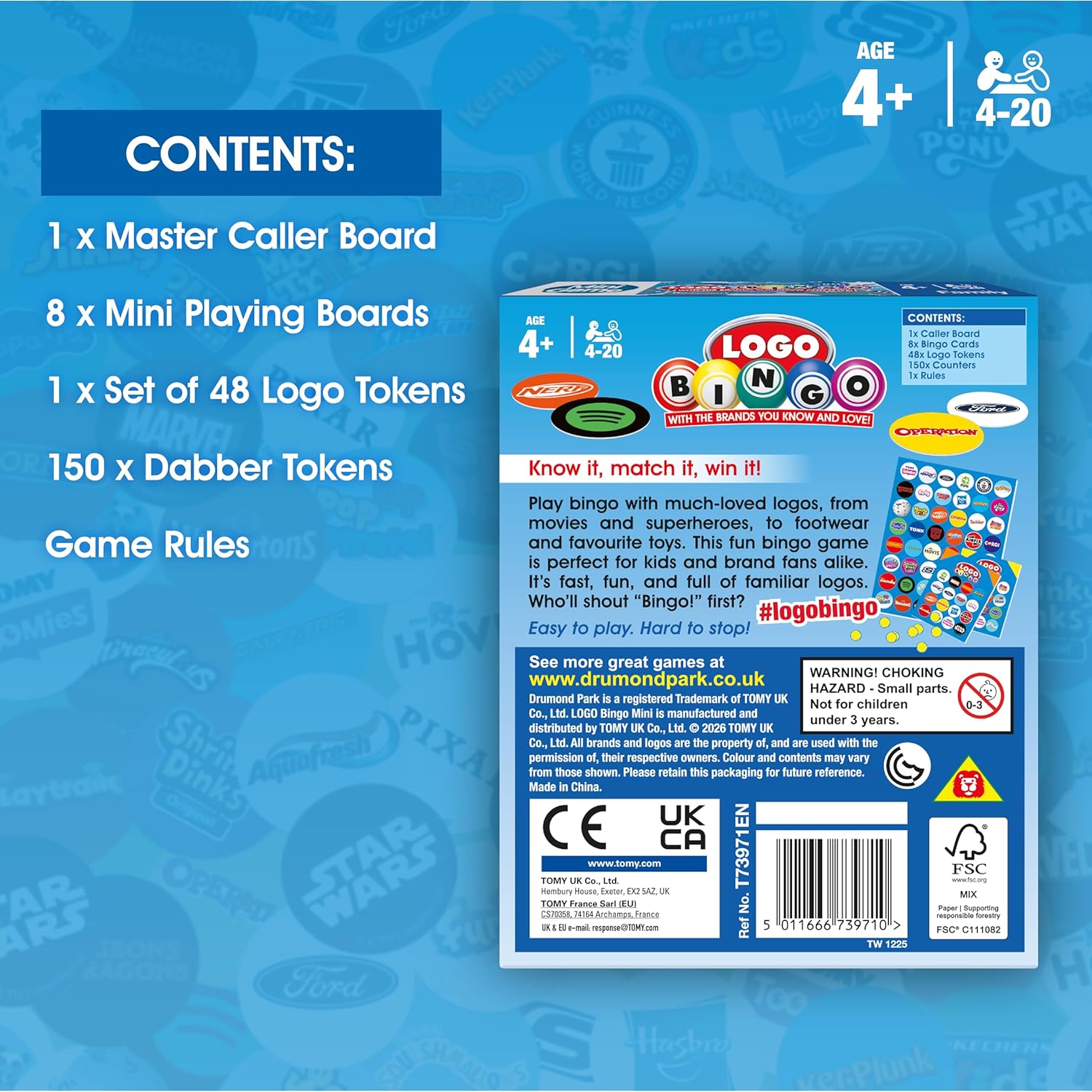 LOGO Bingo Mini Game, Fast Paced Family Bingo Board Game with Iconic Brands and Characters, Travel Size Party Game for Kids and Adults, Easy Fun Group Game for 4 to 20 Players Age 4+