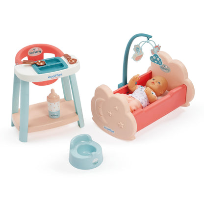 Jouets Ecoiffier – 1833 – bed + hoge stoel + pop – set kinderkamer 3-in-1 – pop 32 cm + accessoires – imitatiespel – vanaf 18 maanden – gemaakt in Frankrijk