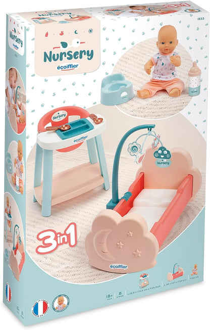 Jouets Ecoiffier – 1833 – bed + hoge stoel + pop – set kinderkamer 3-in-1 – pop 32 cm + accessoires – imitatiespel – vanaf 18 maanden – gemaakt in Frankrijk
