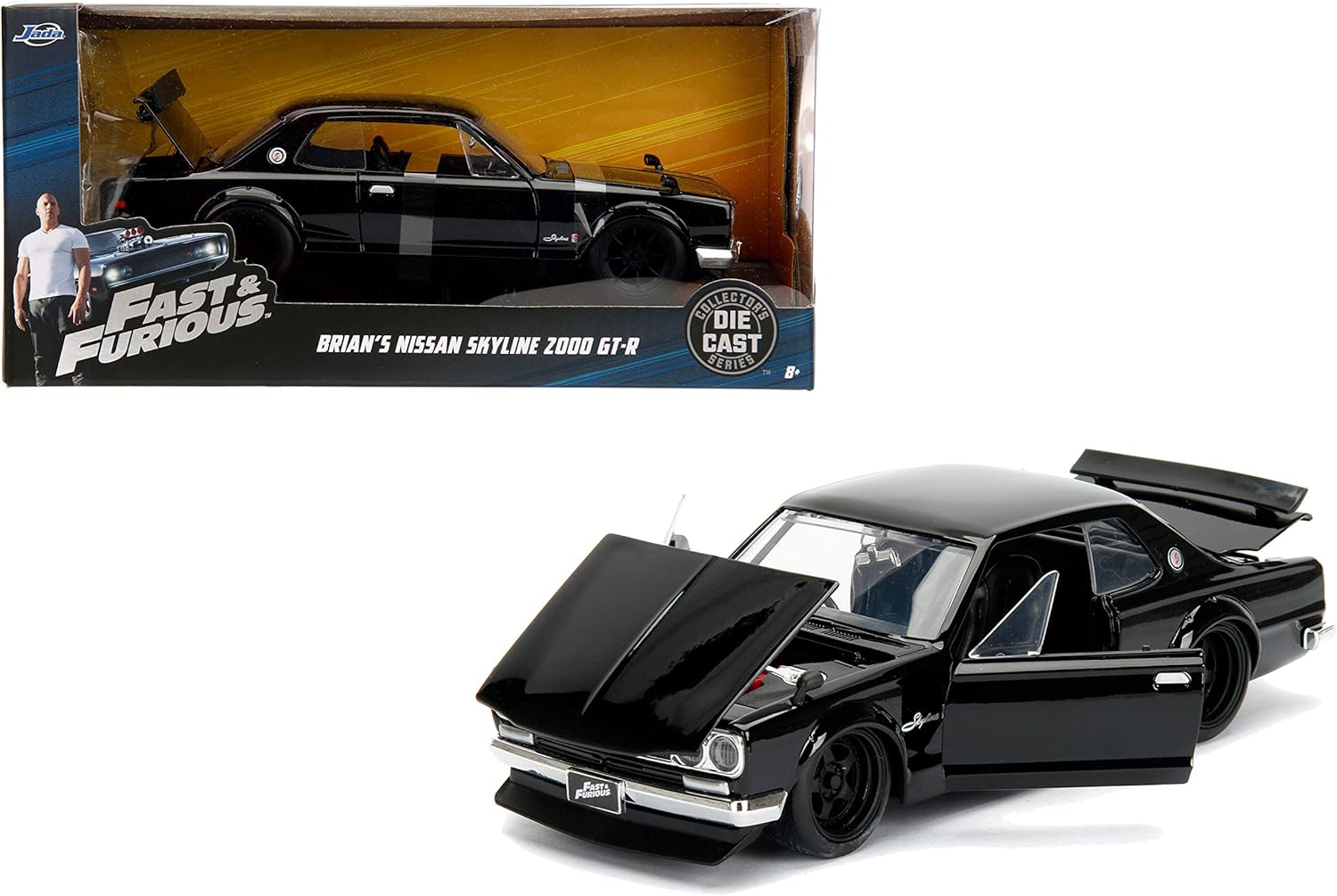 Jada 253203004 Toys Fast & Furious Brian's 1971 Nissan Skyline GT-R 2000 (C10), auto, tuning-model op schaal 1:24, met spoiler, openende deuren, motorkap en kofferbak, vrijloop, zwart