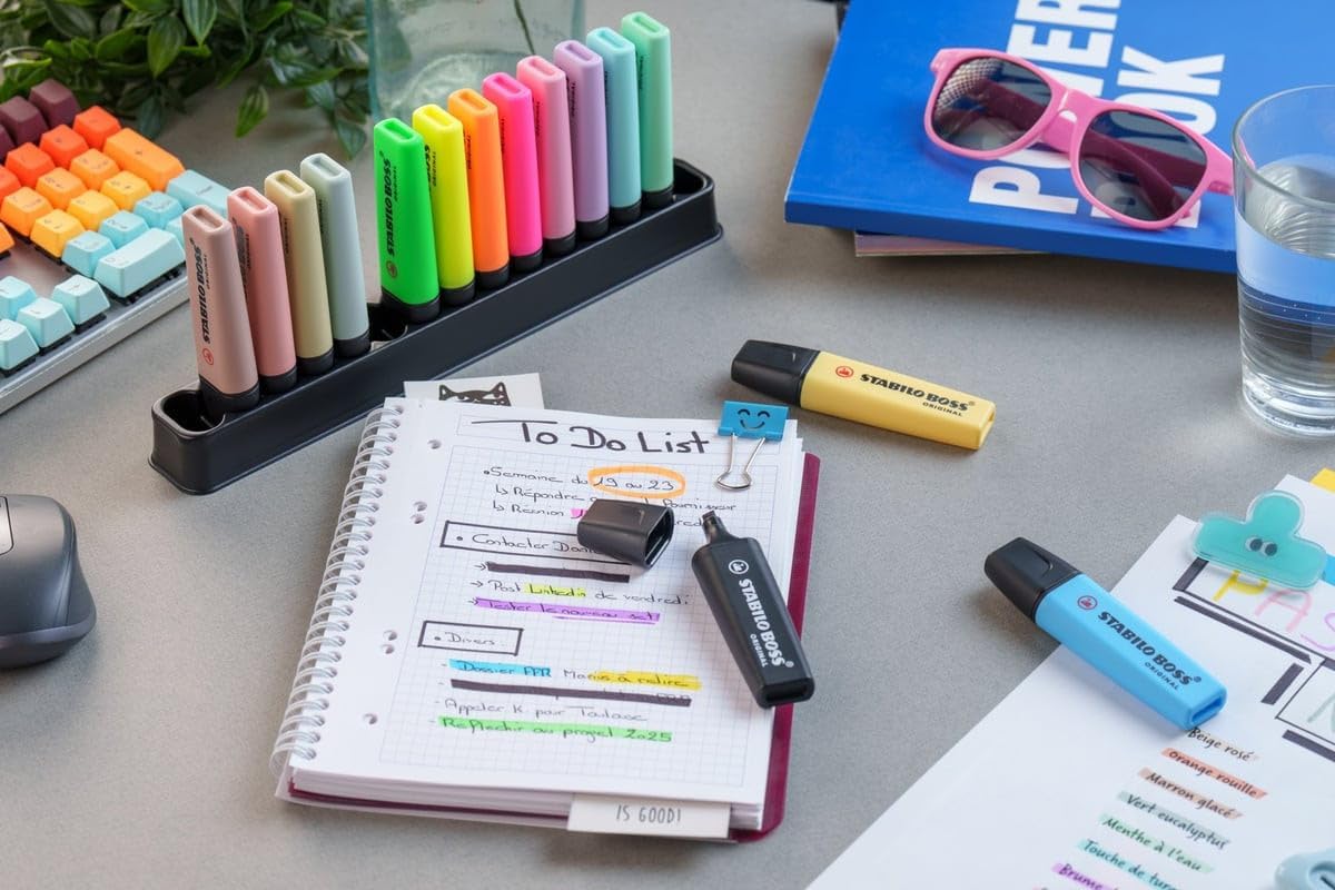 STABILO BOSS ORIGINAL Markeerstiften, 15 markeerstiften, 5 neonkleuren, 4 natuurkleuren, 1 zwarte markeerstift