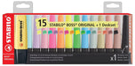 STABILO BOSS ORIGINAL Markeerstiften, 15 markeerstiften, 5 neonkleuren, 4 natuurkleuren, 1 zwarte markeerstift