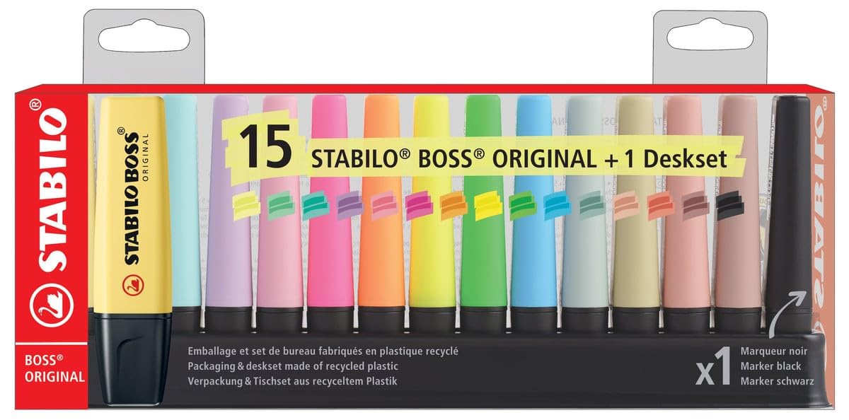 STABILO BOSS ORIGINAL Markeerstiften, 15 markeerstiften, 5 neonkleuren, 4 natuurkleuren, 1 zwarte markeerstift