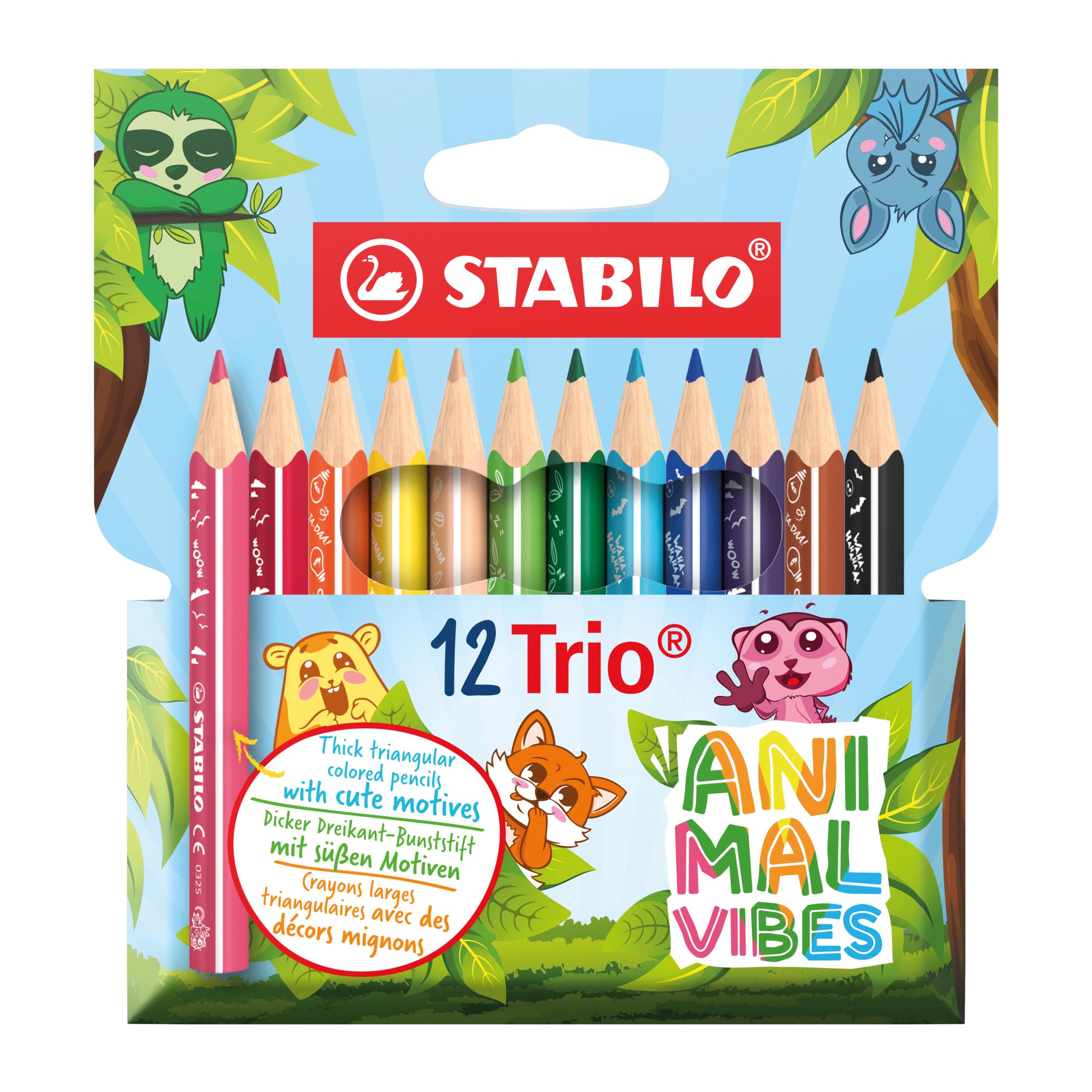 STABILO - Driekanttige kleurpotloden - Trio Thick Short - Animal Vibes - Etui met 12 kleuren