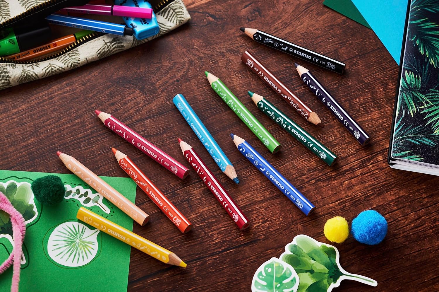 STABILO - Driekanttige kleurpotloden - Trio Thick Short - Animal Vibes - Etui met 12 kleuren