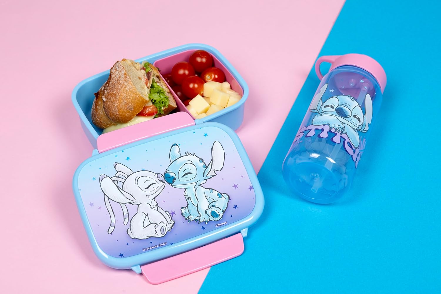 Scooli – Stitch set voor kinderen: snackbox + drinkfles, perfect voor school/kleuterschool, vanaf 4 jaar, licht en veilig kunststof