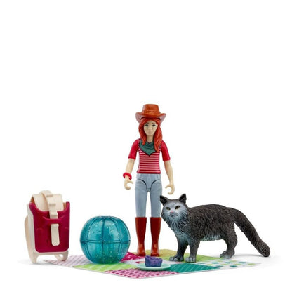 Schleich® 81537 Picknick-speelset met figuur en kat | 11-delige set, vanaf 3 jaar, Maine-Coon-kat, creatief rollenspel, zakset