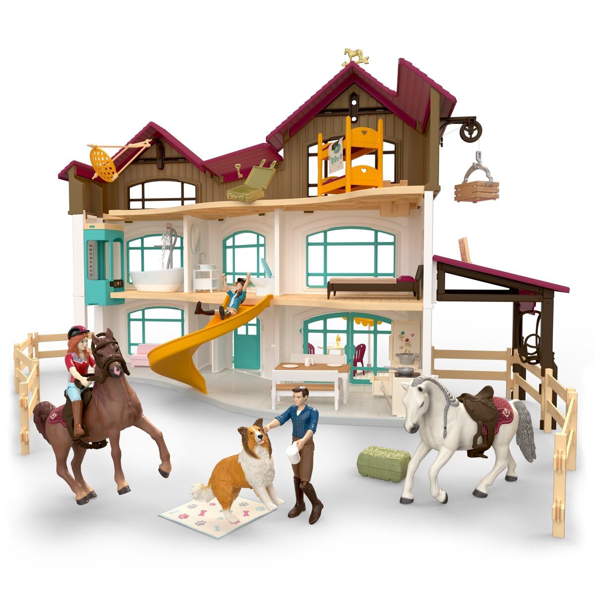 Schleich Horse Club | Lakeside Villa & Paddock 42785 | Reiterhof Spielset mit Villa, 2 Pferden, 3 Figuren und Hund | Aufzug, Rutsche, Schaukel & Zubehör | Spielzeug für Kinder ab 5 Jahren | 157 Teile