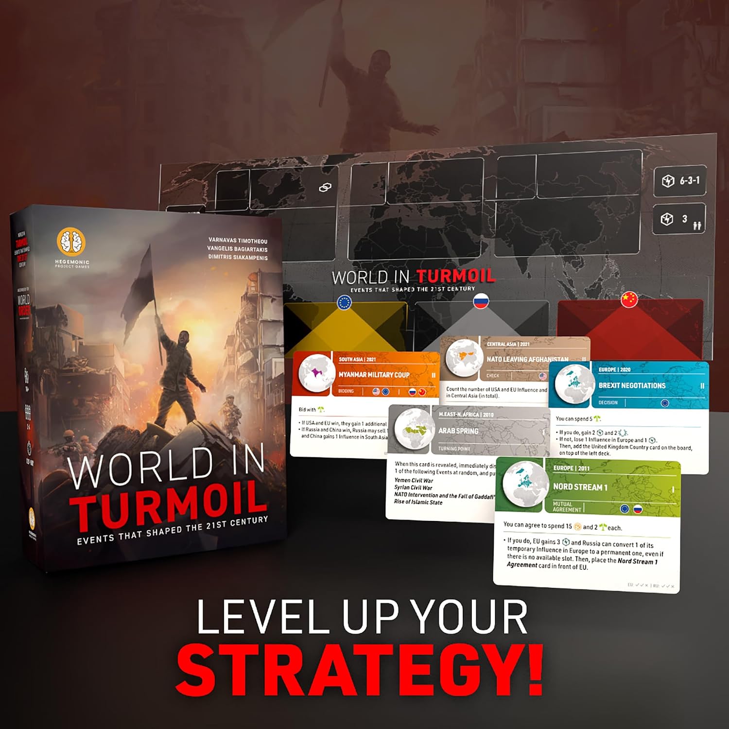 Hegemonic | World Order: World in Turmoil | Board Game Expansion, 60 Modern Event Cards | 2-4 Players | 120-180 Minutes