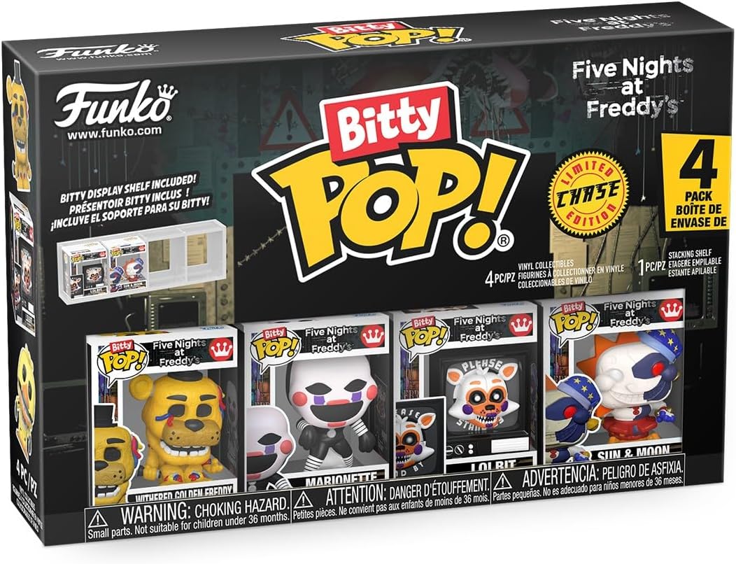 Funko Pop! Bitty 4pk: Five Nights at Freddy's - Withered Golden Freddy, Marionette, Lolbit, & Sun/Moon - 1 in 6 Chance for Eclipse - 0.9 Inch (2.2 Cm) Collectable - Stackable Display Shelf Included