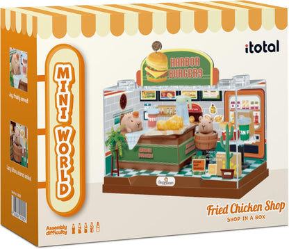 I-TOTAL® - Shop in a Box creatieve kit DIY miniatuur 3D bouw en verzamel winkels in pastelstijl, model met decoratieve details (37 stuks) cadeau-idee (RIED CHICKEN