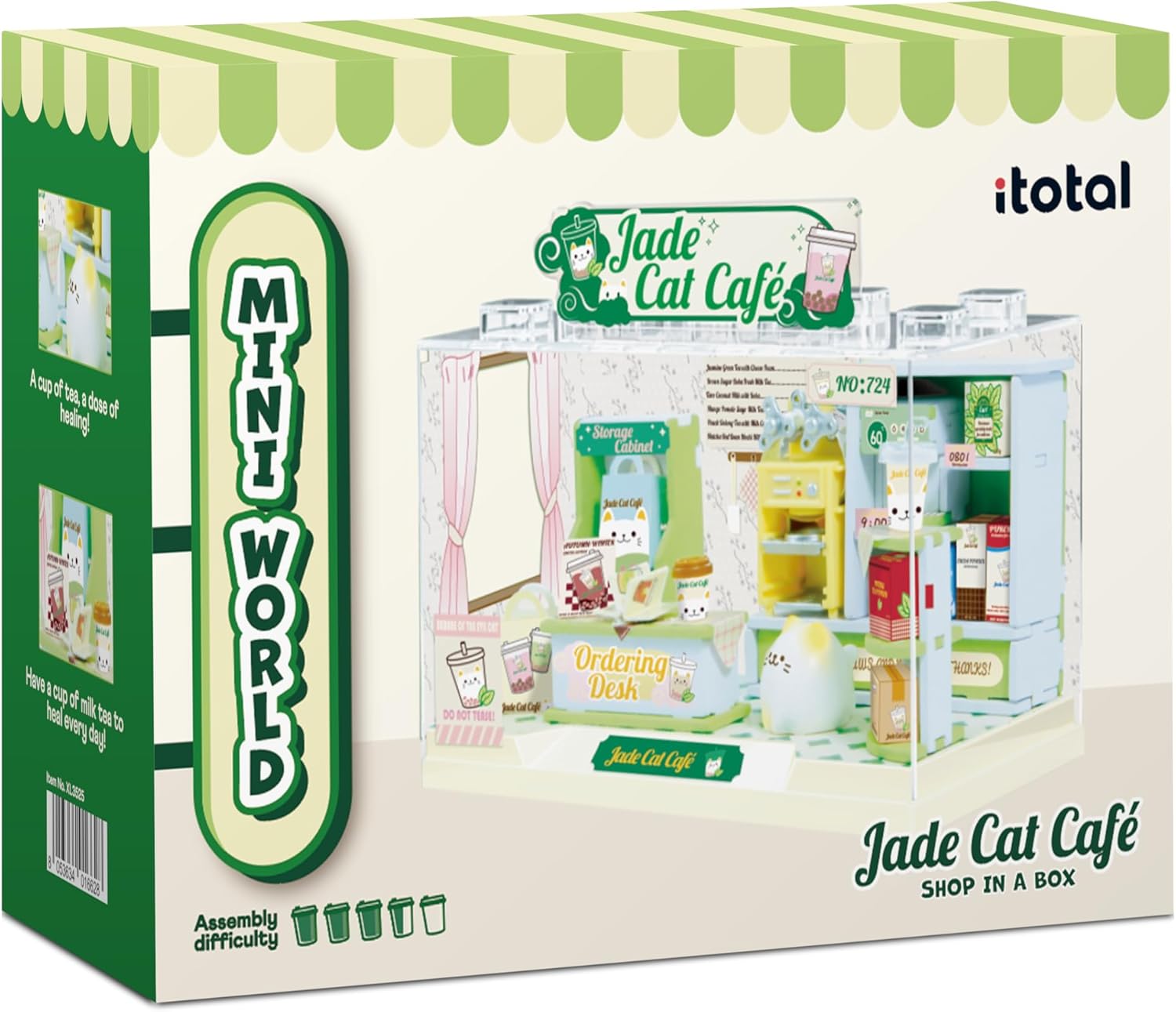 I-TOTAL® - Shop in a Box creatieve kit DIY miniatuur 3D bouw en verzamel winkels in pastelstijl, model met decoratieve details (72 stuks) cadeau-idee (JADE Cat CAFE