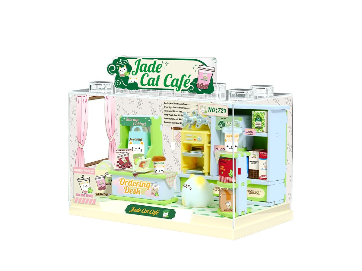 I-TOTAL® - Shop in a Box creatieve kit DIY miniatuur 3D bouw en verzamel winkels in pastelstijl, model met decoratieve details (72 stuks) cadeau-idee (JADE Cat CAFE