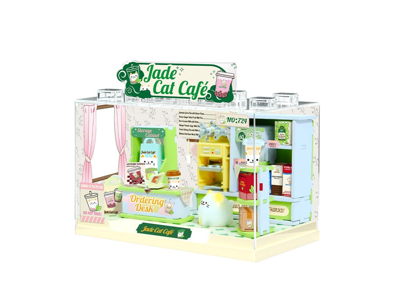 I-TOTAL® - Shop in a Box creatieve kit DIY miniatuur 3D bouw en verzamel winkels in pastelstijl, model met decoratieve details (72 stuks) cadeau-idee (JADE Cat CAFE