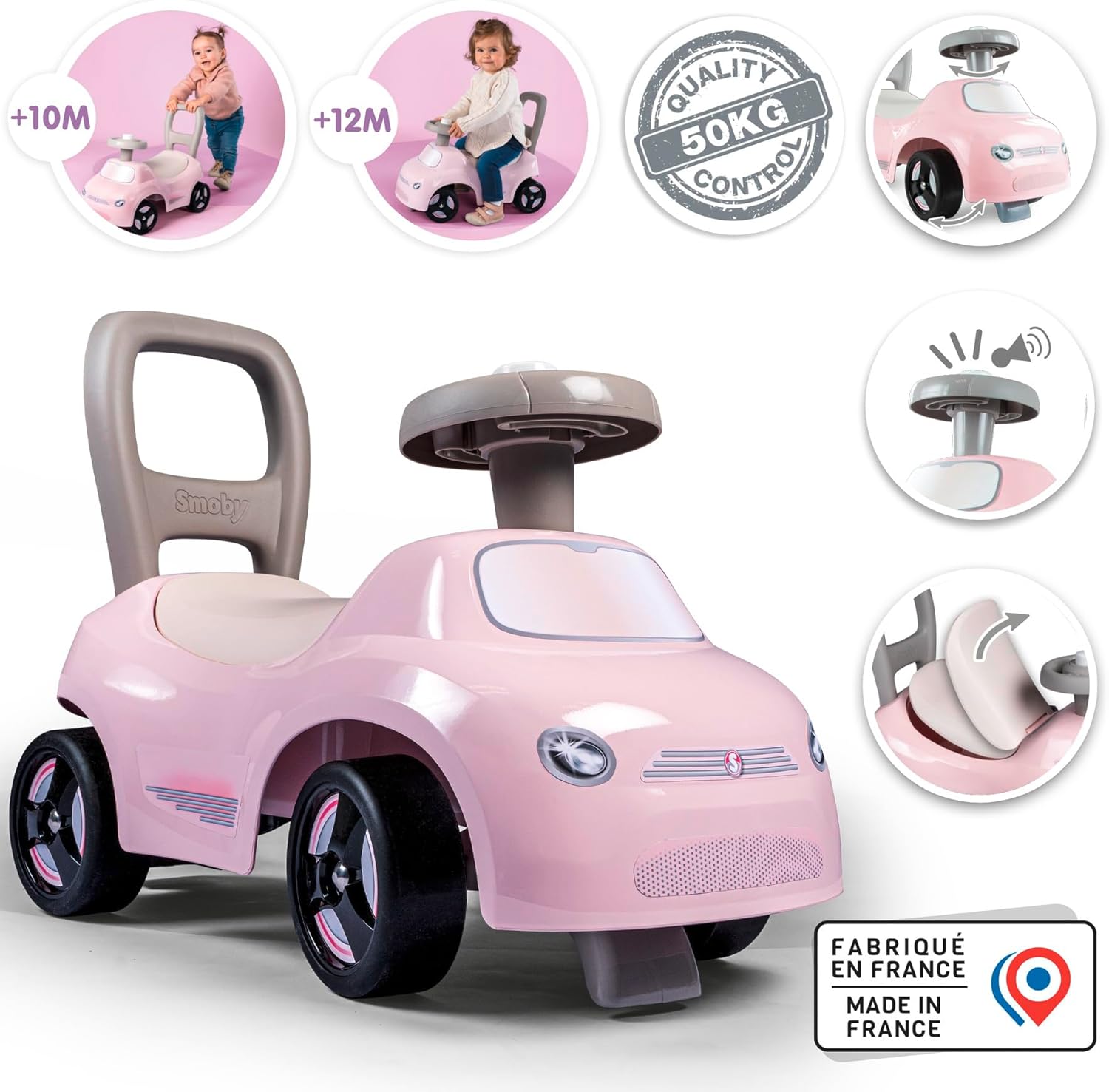 Smoby Loophulp, roze, vanaf 10 maanden, zachte lijnen, moderne uitstraling en geïntegreerde claxon in het stuur (7600720542