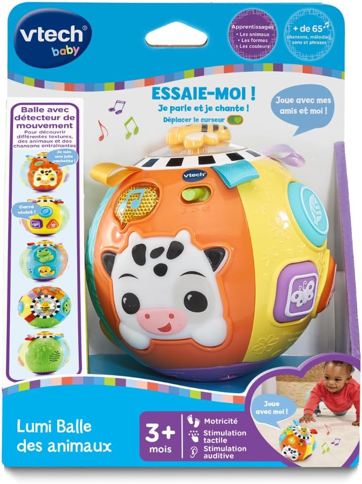 VTech - Lumi dierenbal, sensorische bal, interactief en muzikaal babybal, speelgoedkoe met lichteffecten, motoriek en kruipspel, cadeau voor baby's vanaf 6 maanden - inhoud in het Frans