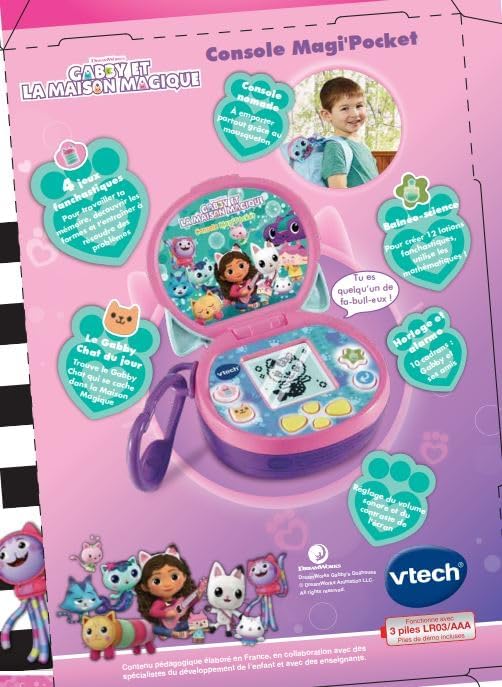 VTech - Gabby en het magische huis, Magi'Pocket console, draagbare mini-gameconsole met geanimeerd display, 10 wijzerplaten, 4 spellen, cadeau voor kinderen van 3 jaar tot 7 jaar - inhoud in het Frans