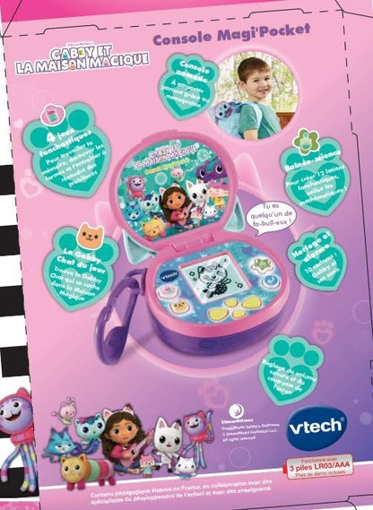 VTech - Gabby en het magische huis, Magi'Pocket console, draagbare mini-gameconsole met geanimeerd display, 10 wijzerplaten, 4 spellen, cadeau voor kinderen van 3 jaar tot 7 jaar - inhoud in het Frans