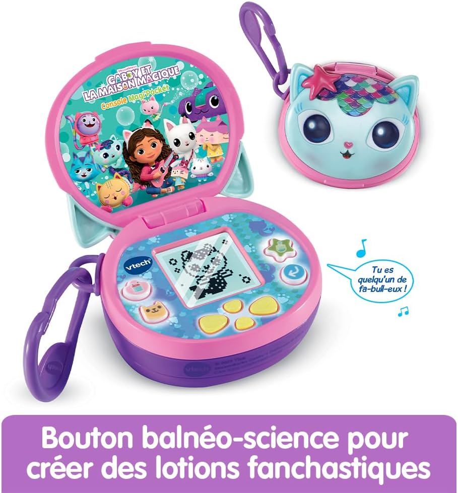 VTech - Gabby en het magische huis, Magi'Pocket console, draagbare mini-gameconsole met geanimeerd display, 10 wijzerplaten, 4 spellen, cadeau voor kinderen van 3 jaar tot 7 jaar - inhoud in het Frans