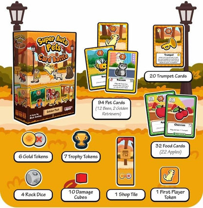 Super Auto Pets Card Battle Golden Pack by Plaid Hat Games | Ages 9+ | Standalone 2 Player Expansion Card Game | New Pets, Food & Trumpet Resource, Strategy Auto Battler, Mixable Tabletop Game