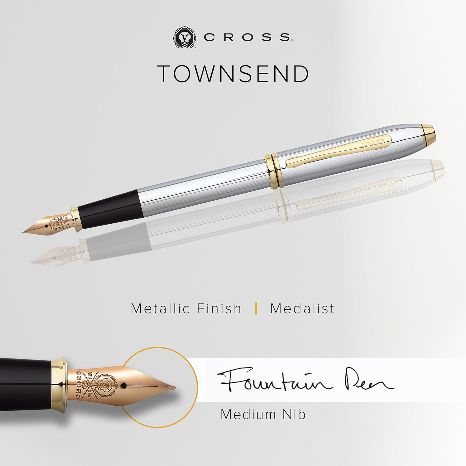 Cross Townsend Refillable Click-Off Cap Metal Fountain Pen with 23 Carat Gold-Plated Appointments, Medium Nib, includes Premium Gift Box and Black Cartridge, 1 Pack, Medalist
