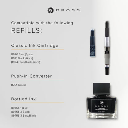 Cross Townsend Refillable Click-Off Cap Metal Fountain Pen with 23 Carat Gold-Plated Appointments, Medium Nib, includes Premium Gift Box and Black Cartridge, 1 Pack, Medalist
